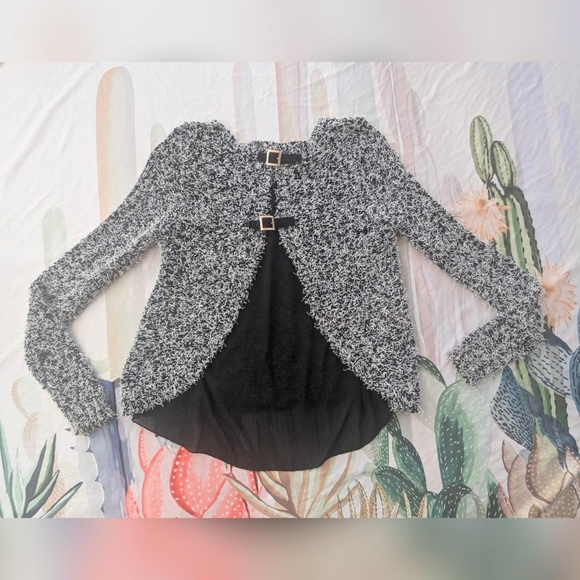 Lars Black & White Fuzzy Knit Sweater with Open Mesh Back & Buckles - Picture 3 of 7